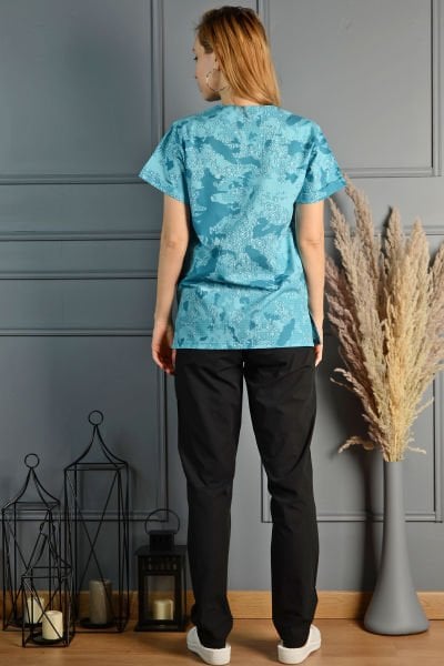 V Yaka Turkuaz Kamuflaj Desenli Medikal Takım S - Desenli