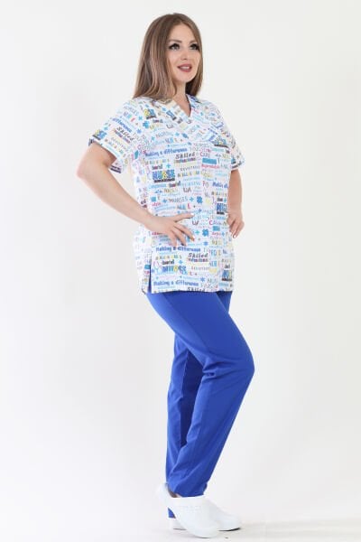 V Yaka Nurses Desenli Medikal Takım Hemşire Üniforma XL - Desenli