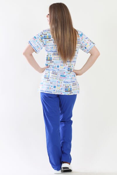 V Yaka Nurses Desenli Medikal Takım Hemşire Üniforma XL - Desenli