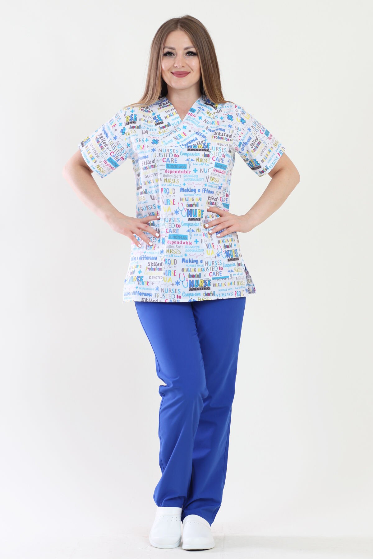 V Yaka Nurses Desenli Medikal Takım Hemşire Üniforma XL - Desenli