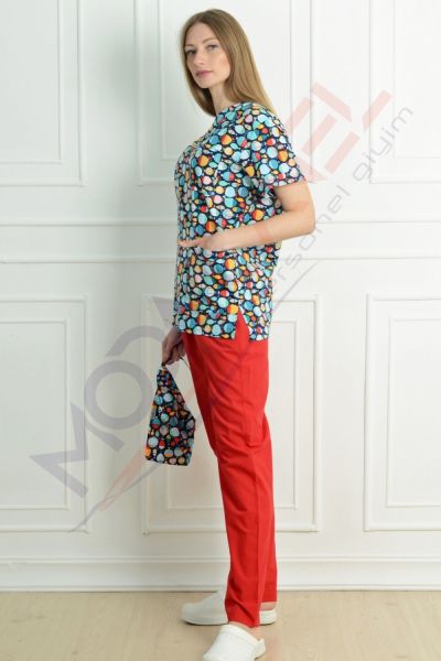 V Yaka Likralı Renkli Balıklı Cerrahi Takım XS - Desenli