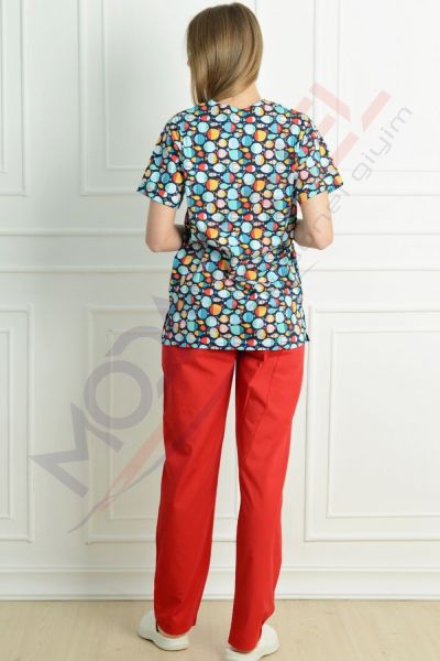 V Yaka Likralı Renkli Balıklı Cerrahi Takım XS - Desenli