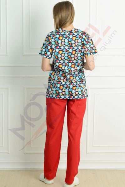 V Yaka Likralı Renkli Balıklı Cerrahi Takım S - Desenli