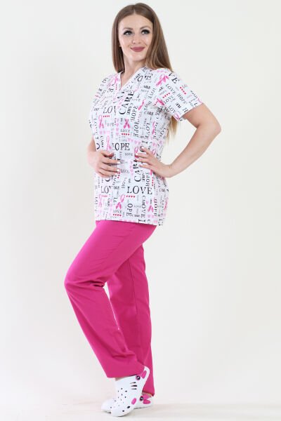 V Yaka Love Desenli Medikal Takım Hemşire Üniforma XL - Desenli