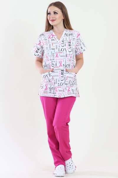 V Yaka Love Desenli Medikal Takım Hemşire Üniforma XL - Desenli
