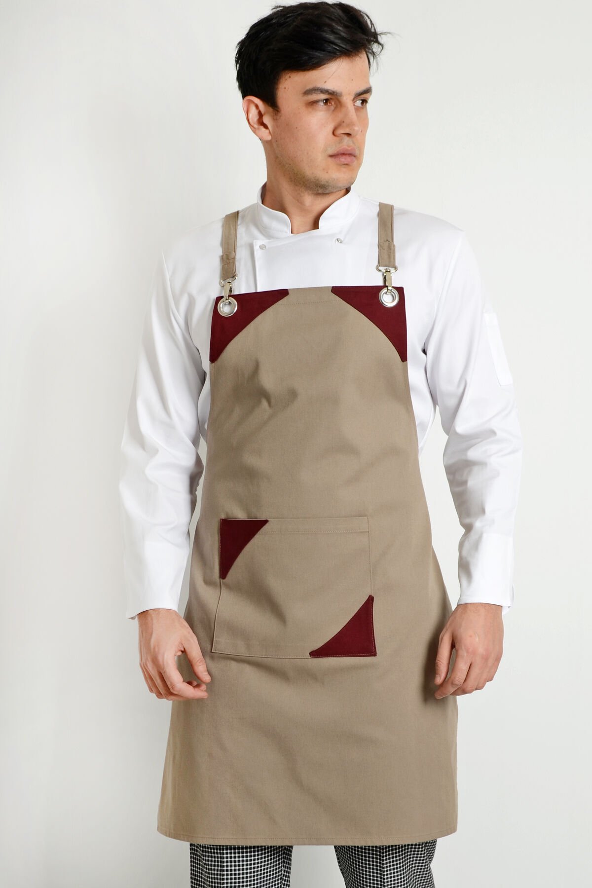 Chef Bej Bordo Modelli Askılı Önlük