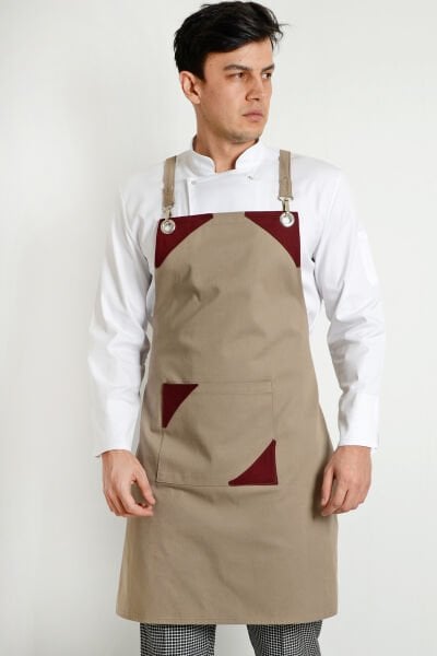 Chef Bej Bordo Modelli Askılı Önlük
