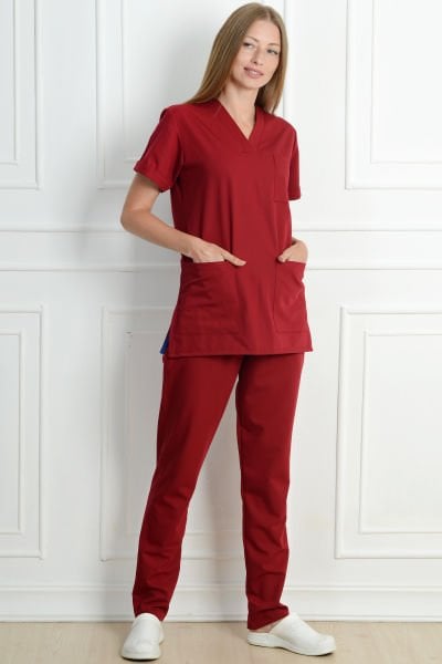 Likralı V Yaka Bordo Cerrahi Forma S - Bordo
