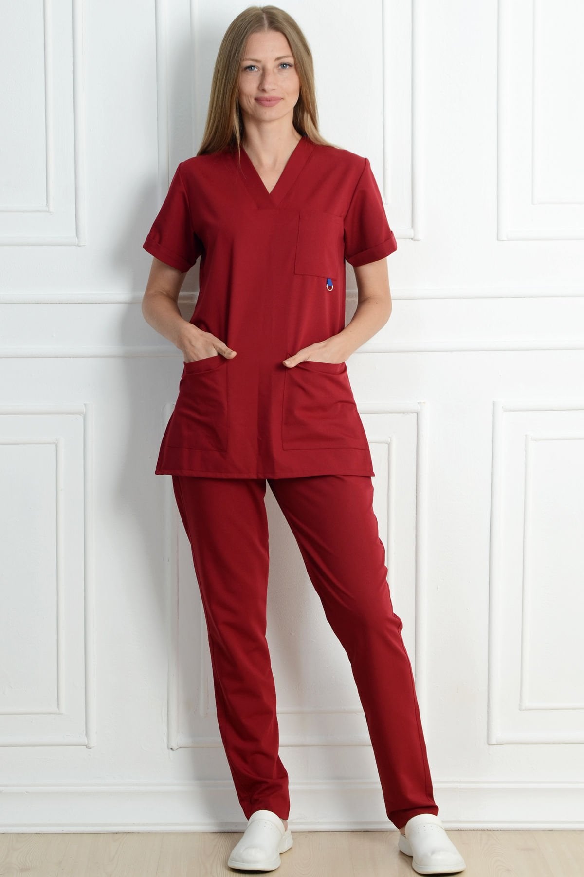 Likralı V Yaka Bordo Cerrahi Forma S - Bordo