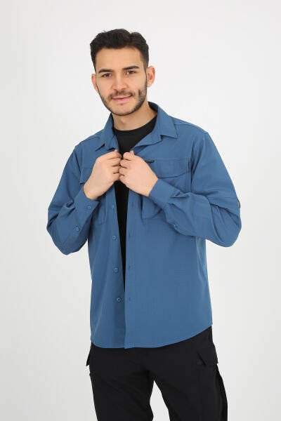 Mavi Fermuarlı Cepli Ultra Likralı Relax Outdoor Taktik Gömlek