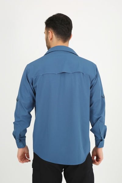 Mavi Fermuarlı Cepli Ultra Likralı Relax Outdoor Taktik Gömlek S - Turkuaz Mavi