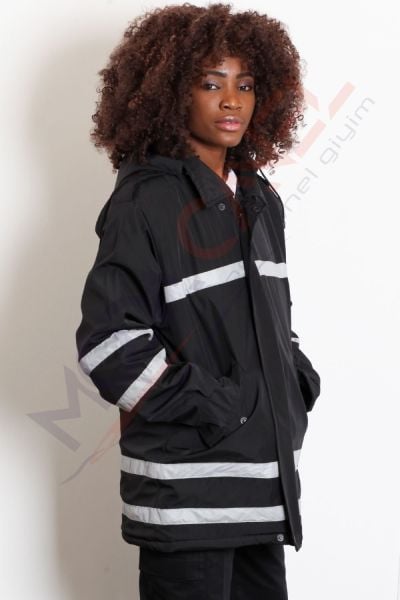 Reflektif Şeritli Güvenlik Siyah Kaban