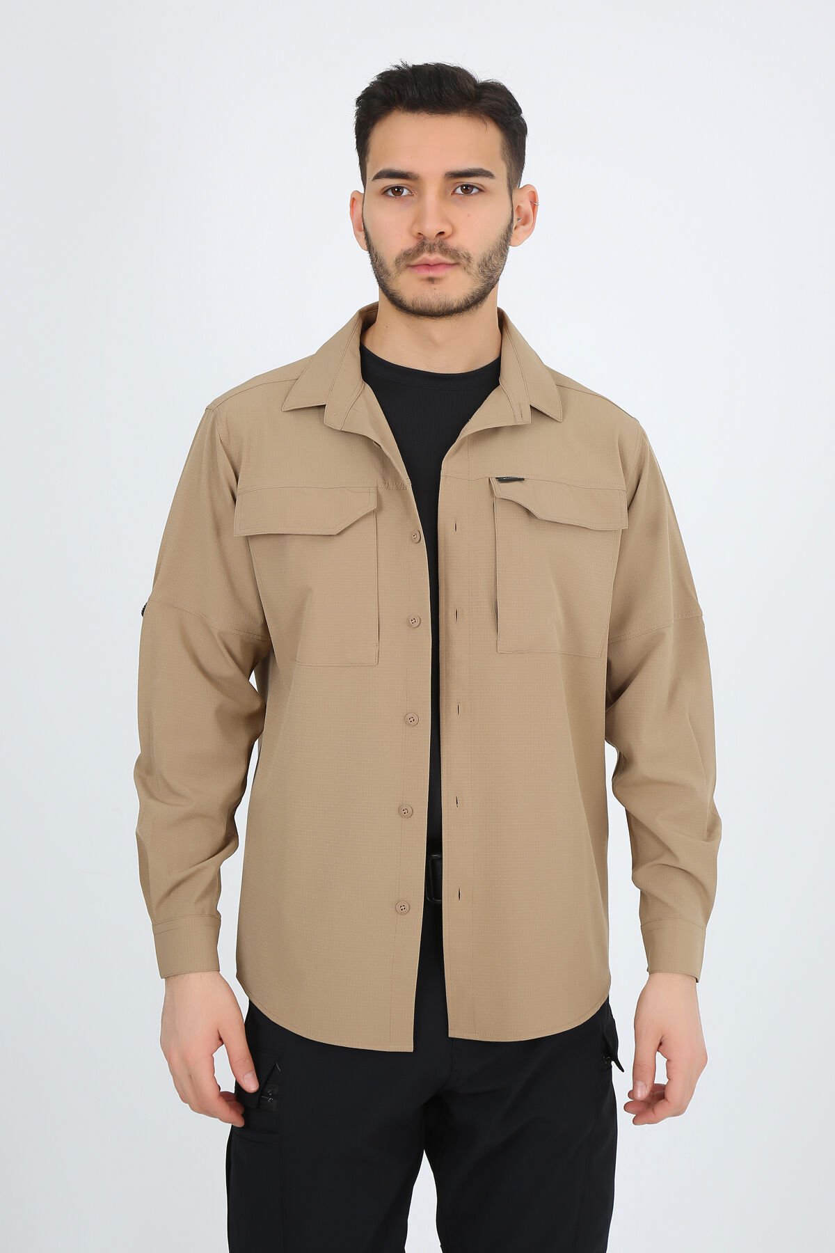 Bej Fermuarlı Cepli Ultra Likralı Relax Outdoor Taktik Gömlek Bej - XL