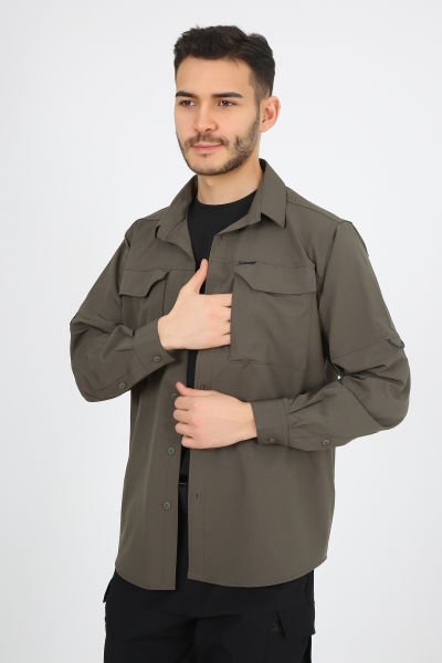Haki Yeşil Fermuarlı Cepli Ultra Likralı Relax Outdoor Taktik Gömlek