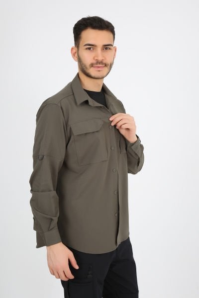Haki Yeşil Fermuarlı Cepli Ultra Likralı Relax Outdoor Taktik Gömlek
