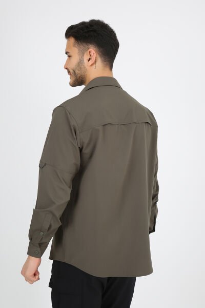 Haki Yeşil Fermuarlı Cepli Ultra Likralı Relax Outdoor Taktik Gömlek