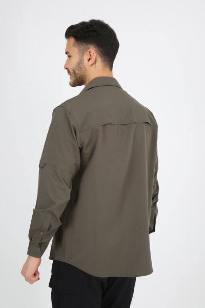 Haki Yeşil Fermuarlı Cepli Ultra Likralı Relax Outdoor Taktik Gömlek HAKİ YEŞİL - S
