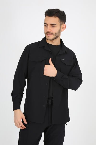 Siyah Fermuarlı Cepli Ultra Likralı Relax Outdoor Taktik Gömlek Siyah - XXL