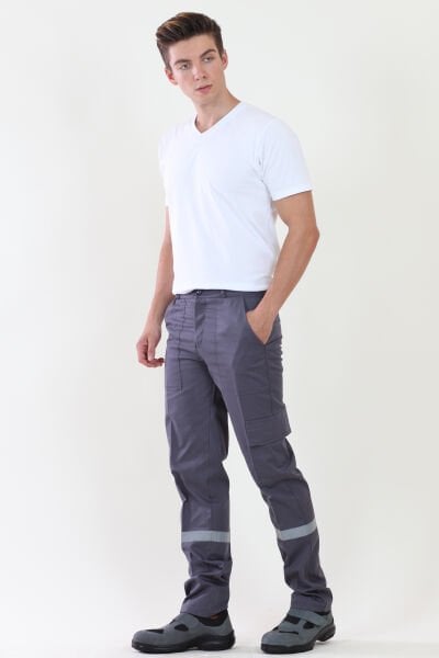 İş Pantolonu Gri  (Komando Cepli Şeritli) %100 Pamuk Gabardin