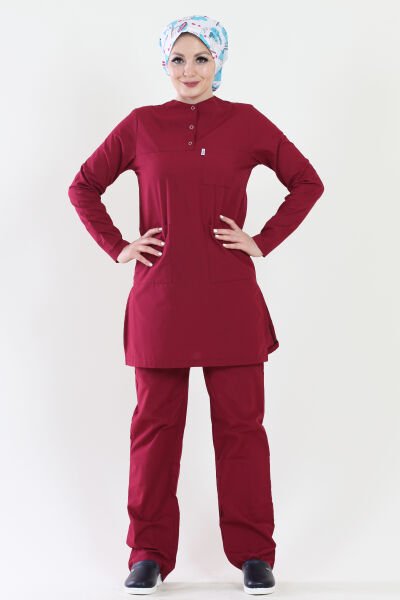 Tesettür Bordo Cerrahi Nöbet Takımı Terikoton Kumaş XXL - Bordo