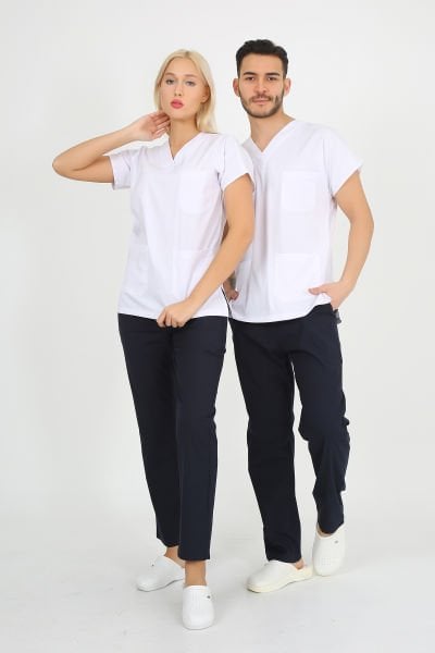 Likralı V Yaka Beyaz Ceket Lacivert Pantolon Cerrahi Forma