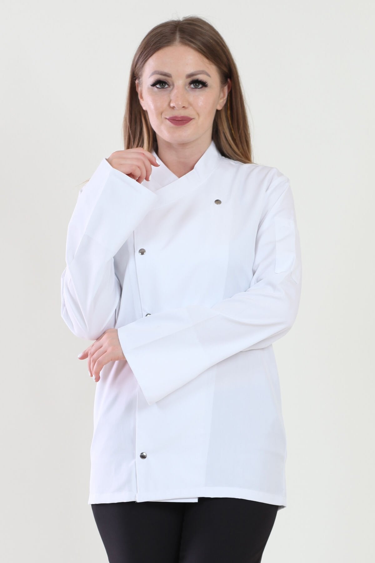 Bayan Beyaz Likralı Aşçı Ceketi L - Beyaz