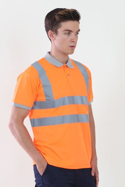 Polo Yaka Turuncu Dry Touch Nefes Alabilen Tshirt Reflektif Şeritli