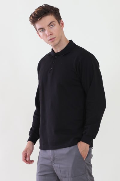 Polo Yaka İki İplik Siyah Sweatshirt iki İplik Şardonlu