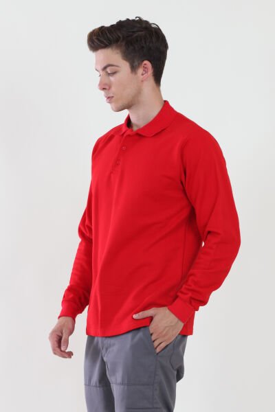 Polo Yaka Kırmızı Sweatshirt iki İplik Şardonlu