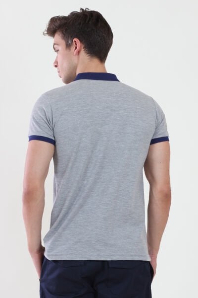 Polo Yaka Gri Melanj Tshirt Yaka Ve Kol Ribanası Lacivert