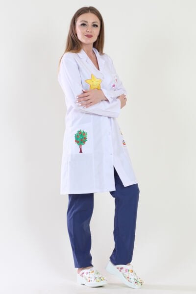 Uzun Boy Mono Yaka Bayan Baskılı Öğretmen Önlüğü 36 - Beyaz