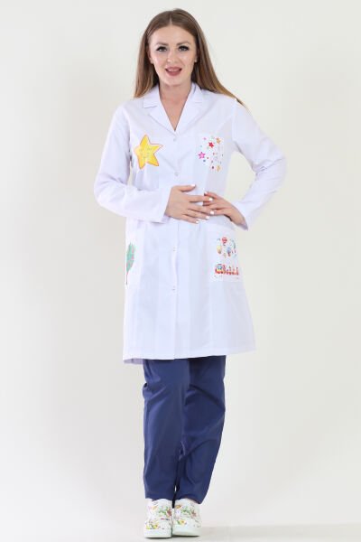 Uzun Boy Mono Yaka Bayan Baskılı Öğretmen Önlüğü 36 - Beyaz