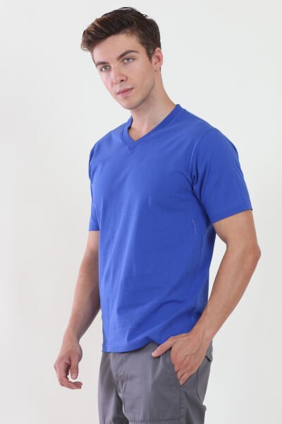 V Yaka Saks Mavi Tshirt
