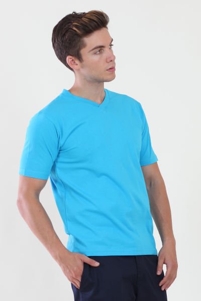 V Yaka Turkuaz Mavi Tshirt