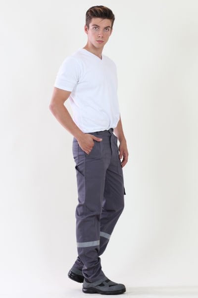 İş Pantolonu Gri  (Komando Cepli Şeritli) %100 Pamuk Gabardin Gri - S