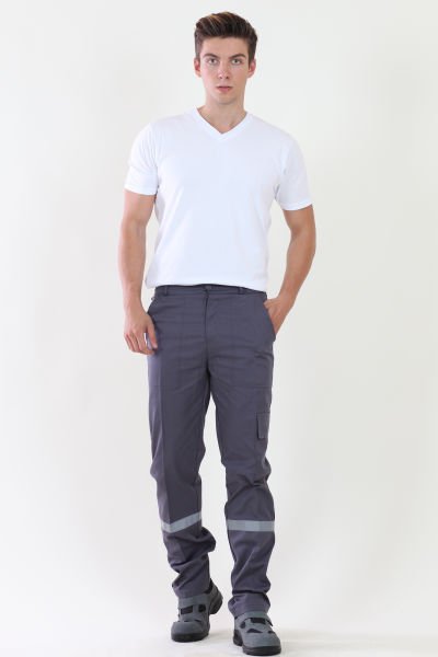 İş Pantolonu Gri  (Komando Cepli Şeritli) %100 Pamuk Gabardin Gri - XL