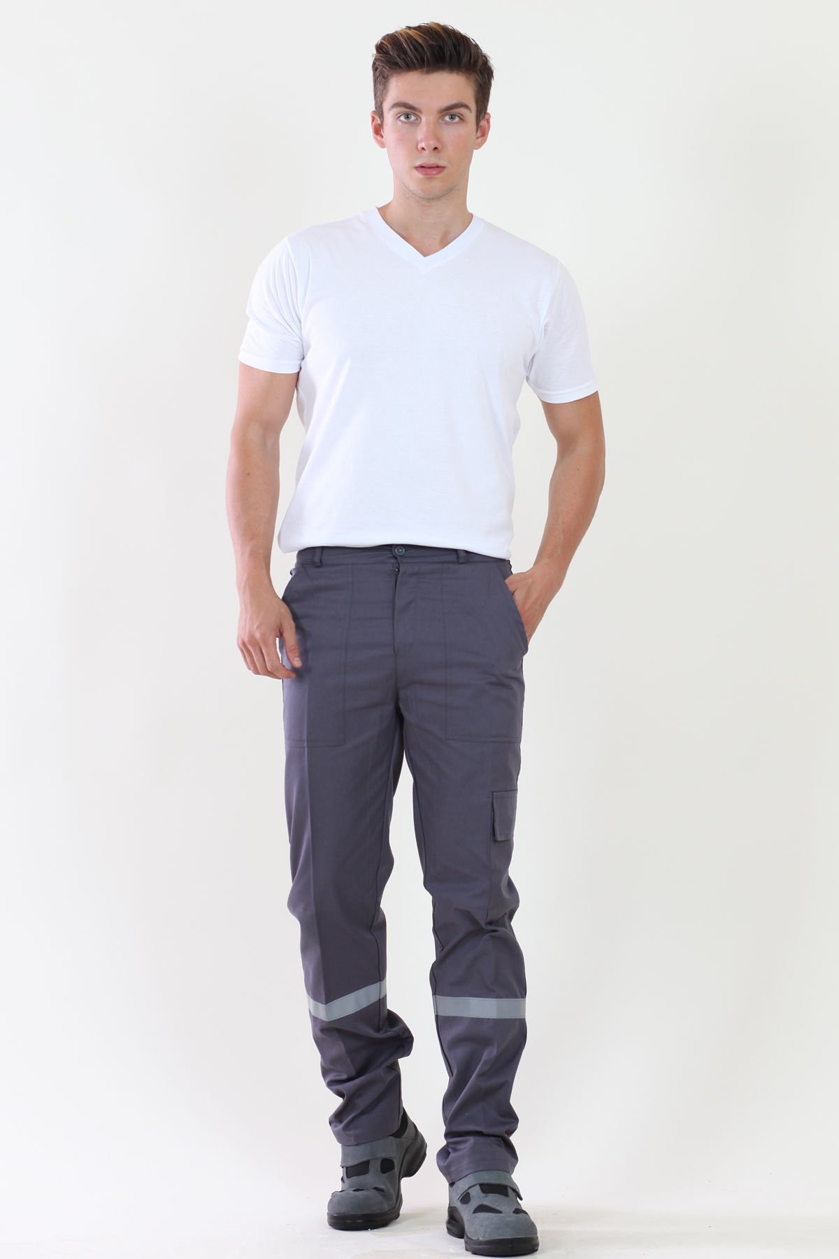 İş Pantolonu Gri  (Komando Cepli Şeritli) %100 Pamuk Gabardin Gri - XXL