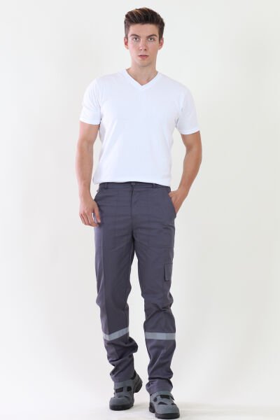 İş Pantolonu Gri  (Komando Cepli Şeritli) %100 Pamuk Gabardin Gri - XXXL