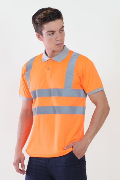 Polo Yaka Turuncu Dry Touch Nefes Alabilen Tshirt Reflektif Şeritli M - Turuncu