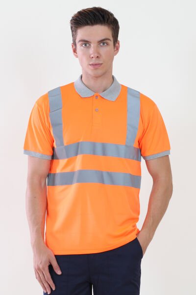 Polo Yaka Turuncu Dry Touch Nefes Alabilen Tshirt Reflektif Şeritli M - Turuncu