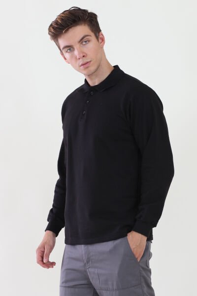 Polo Yaka İki İplik Siyah Sweatshirt iki İplik Şardonlu M - Siyah
