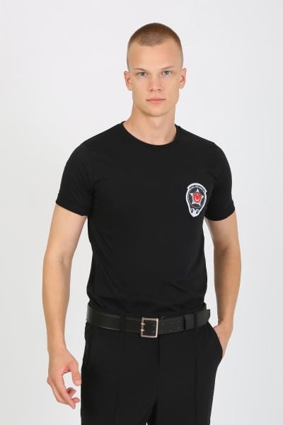 Siyah Bisiklet Yaka Özel Güvenlik Baskılı Tshirt Kısa Kollu Göğüs Armalı