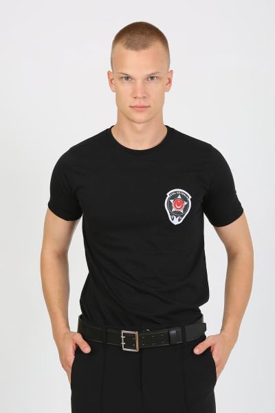 Siyah Bisiklet Yaka Özel Güvenlik Baskılı Tshirt Kısa Kollu Göğüs Armalı
