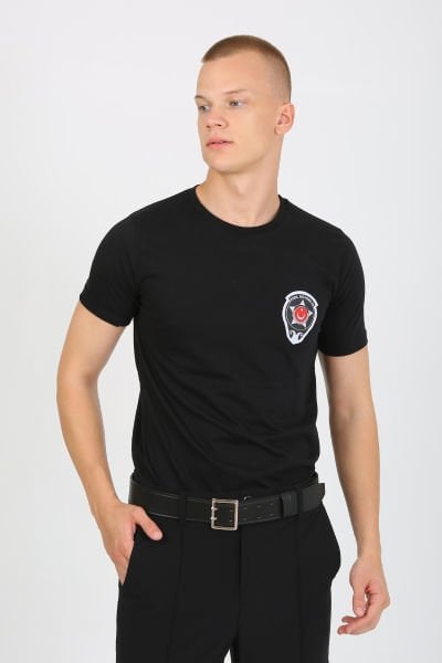 Siyah Bisiklet Yaka Özel Güvenlik Baskılı Tshirt Kısa Kollu Göğüs Armalı