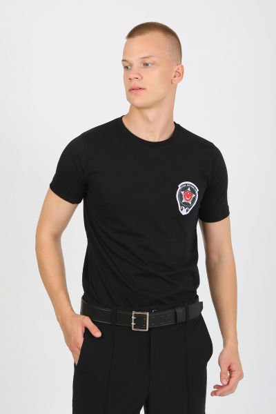 Siyah Bisiklet Yaka Özel Güvenlik Baskılı Tshirt Kısa Kollu Göğüs Armalı