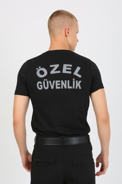 Siyah Bisiklet Yaka Özel Güvenlik Baskılı Tshirt Kısa Kollu Göğüs Armalı