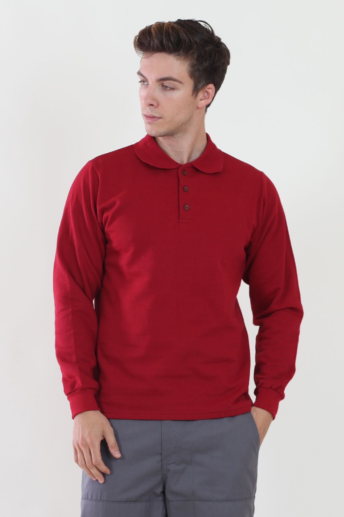 Polo Yaka Bordo Sweatshirt iki İplik Şardonlu XL - Bordo