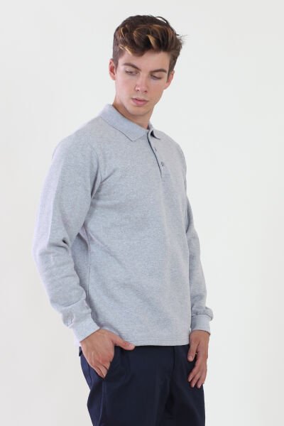 Polo Yaka Gri Melanj Sweatshirt iki İplik Şardonlu S - Gri Melanj
