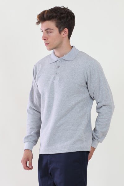 Polo Yaka Gri Melanj Sweatshirt iki İplik Şardonlu M - Gri Melanj