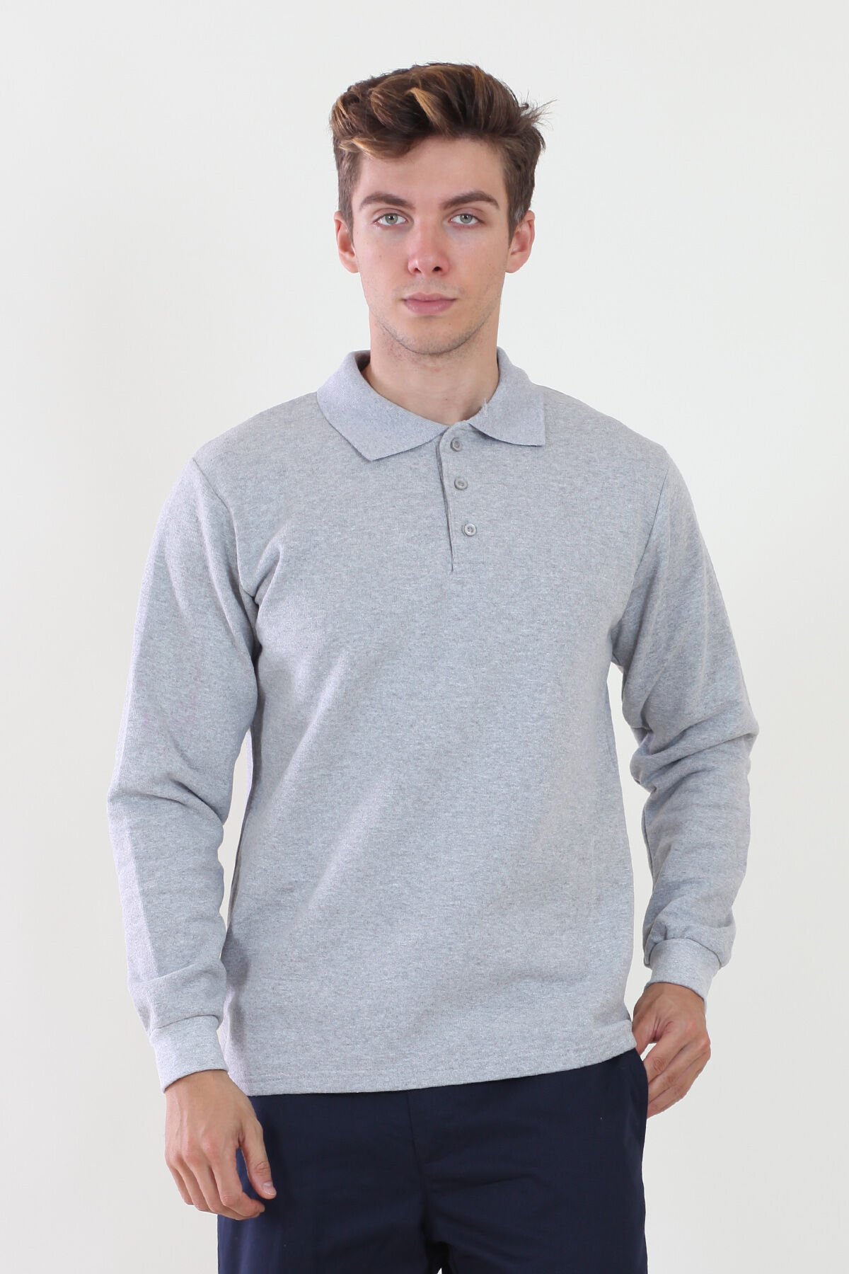 Polo Yaka Gri Melanj Sweatshirt iki İplik Şardonlu M - Gri Melanj